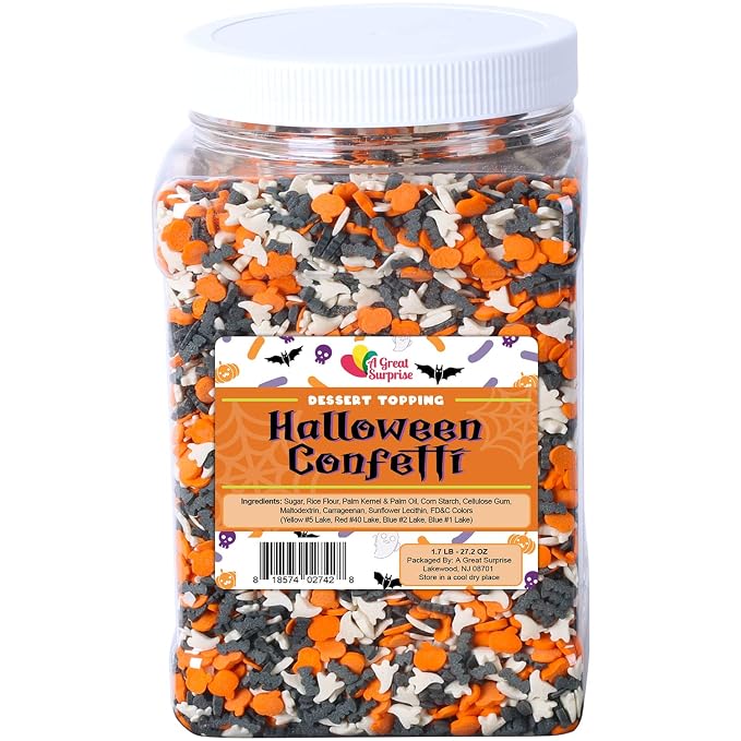 A Great Surprise Halloween Sprinkles Bulk - 1.7 LB - Bat, Pumpkin & Ghosts Confetti Sprinkles - Spooky Toppings - Great for Cookies, Cupcakes, Fall