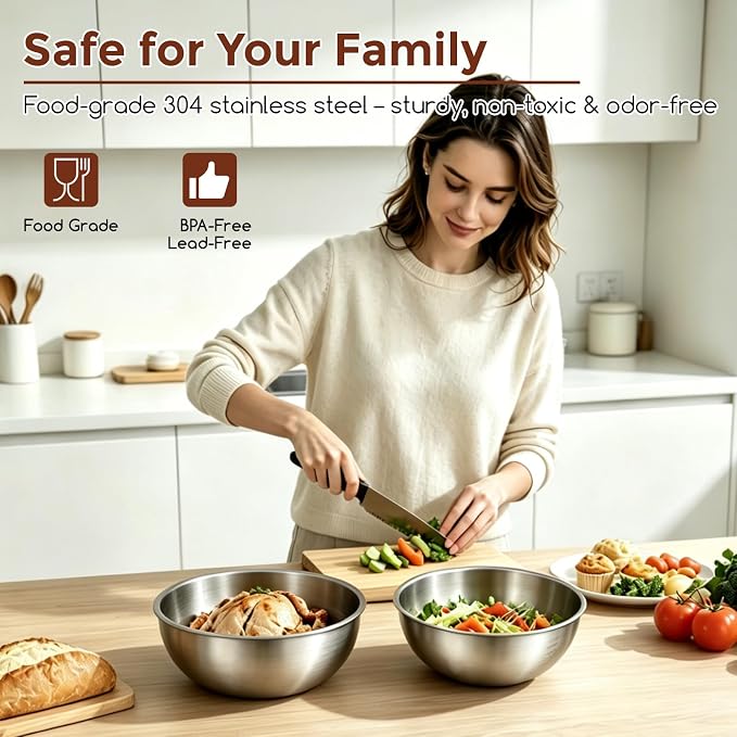 Gronivex 304 Stainless Steel Mixing Bowls, 2-Piece (4.2 & 5.3 Qt) | Thicker-Gauge, Food-Grade Metal, Stackable & Space-Saving – Extra-Large for Bread Dough, Whole Chicken & Big-Batch Cooking