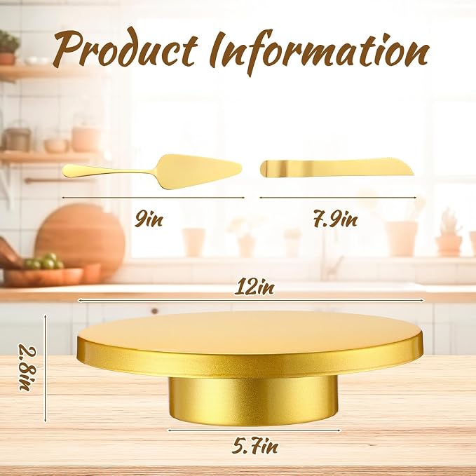 Wenqik 12 Inch Metal Gold Cake Stand with Cake Knife and Spatula, Round Dessert Table Display Stand Metal Dessert Tray Serving Platter for Party, Wedding, Birthday, Baby Shower, Anniversary