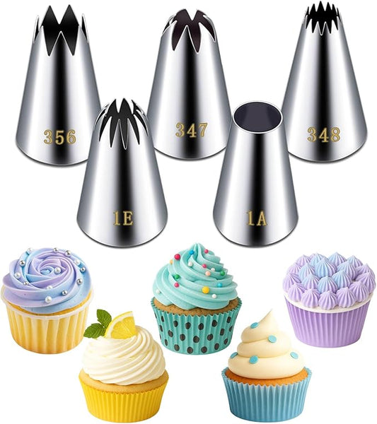 Suuker Large Piping Tips Set, Stainless Steel | 5 Pieces, 1A 1E 348 347 356