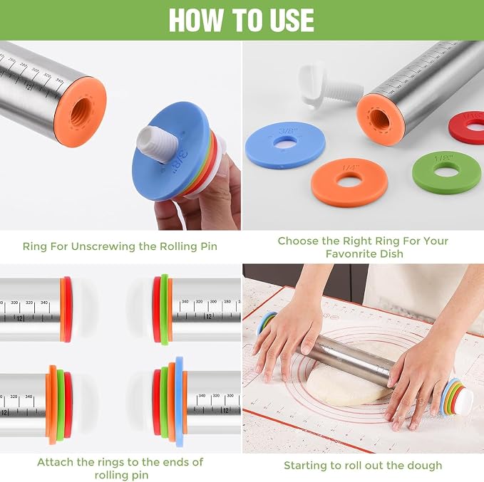 Rolling Pin and Pastry Baking Mat Set, 17-inch Rolling Pins with Adjustable Thickness Rings, Stainless Steel Dough Roller for Baking Fondant, Pizza, Pie, Pastry, Pasta, Cookies (black)