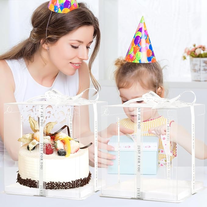 JCD 10inch Large Transparent Cake Box,6 Pcs Clear Cake Boxes with Ribbon,10x10x9inch,Suitable for 8" or 9" cakes, Tall Cake Carrier for Display and Gift Packaging(Clear Lid, 10 * 10 * 9inch/6Pcs)