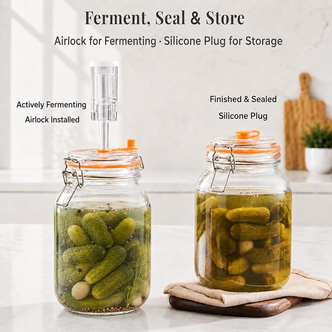 Fermentation Jar, 1.5L Glass Fermenting Kit with Airlocks, 2-Pack | Wide-Mouth Glass Jars With Self-Burping Airlocks for Sauerkraut, Kimchi, Pickles, Mead, Cider and Other Homemade Ferments