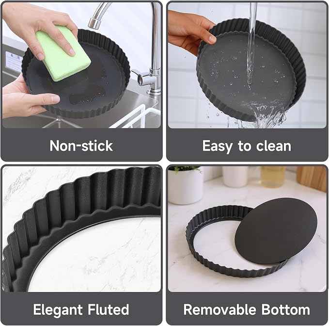 Tart Pan Removable Bottom - 9.5 Inch Non-Stick Carbon Steel Pie Pan for Baking Tarts, Pies, Quiches, Brownies, Quiche Baking Dish with Fluted Edges, Fruit Tart Mold
