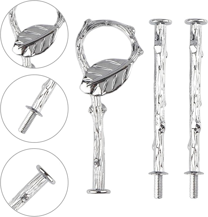 3 Tier 14" Heavy Metal Cake Stand Holder Fruit Plate Stand Fitting Hardware Rod with Stylus (Sliver_Leaves)