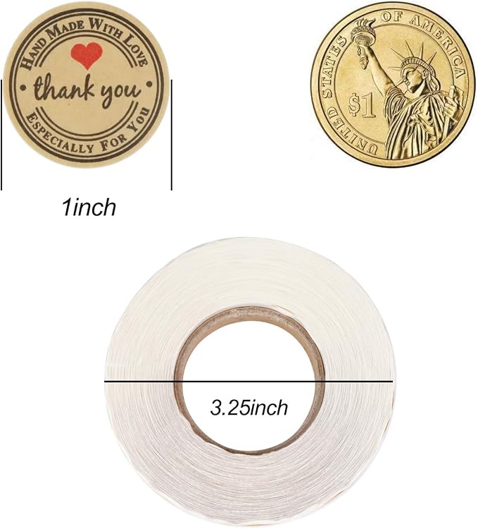 500pcs YOGET 1.5 Inch Round Handmade with Love Sticker,Thank You Stickers Roll Kraft Paper Strong Adhesive Stickers