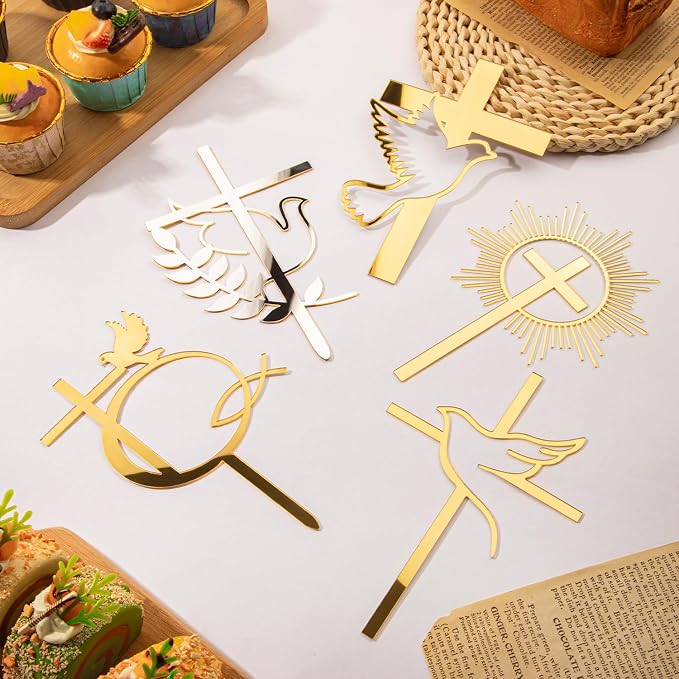 10 Pcs Gold Dove Cross Cake Toppers Acrylic Baptism First Communion Cake Decorations Supplies for Baby Shower Birthday Wedding Party Christian