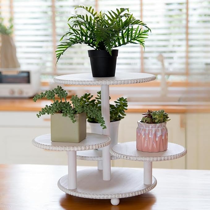 GENMOUS 4 Tiered Beaded Cake and Cupcake Stand Combo for Birthday Party Decor, Rustic Wooden Cupcake Tower Stands for 50 Cupcakes, White Cupcake Tier Stand Display for Wedding Baby Shower Tea Party