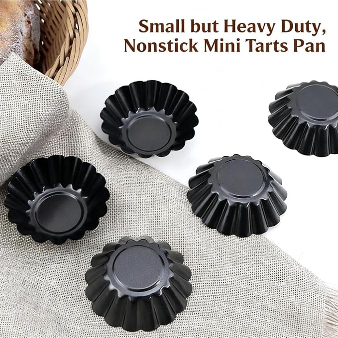 12-Pack 3 Inch Nonstick Mini Tart Pans Fluted Side for Pies Pan Round Deep Quiche Mold Heavy Duty Carbon Steel Baking Cupcake Egg Tarts Mousse Cakes Fruit and Desserts Molds for Oven