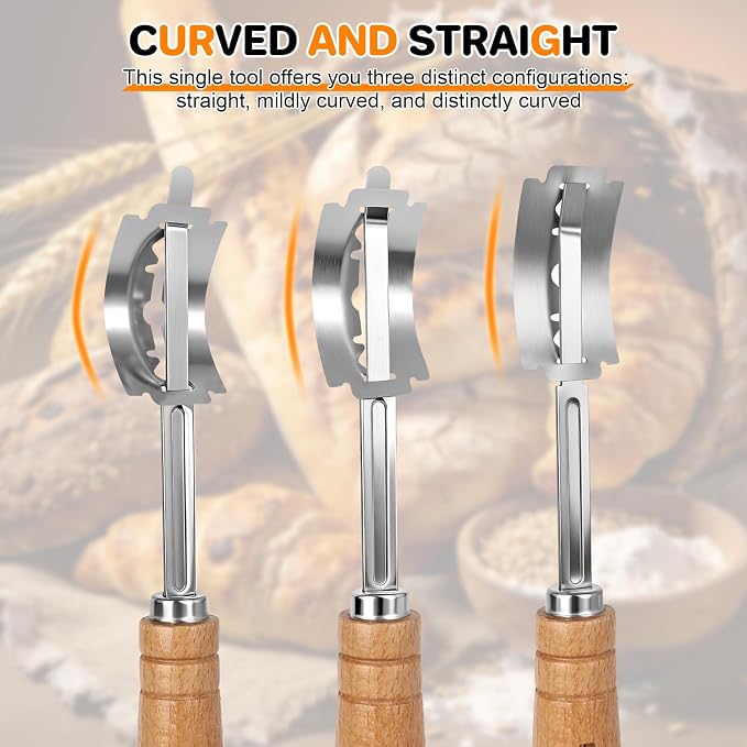 PHILORN 2pcs Set Bread Lame with 10 Stainless Steel Blades, Finger Sleeves and Protective Cover - Sourdough Razor Scorer with Straight & Curved Scoring Knife - Ergonomic Wooden Handle Gift for Bakers