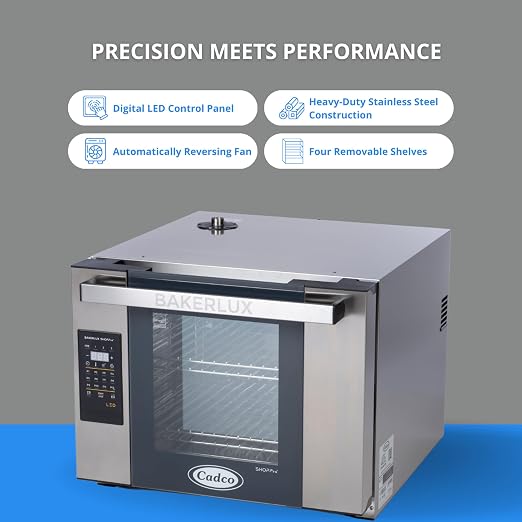 Cadco XAFT-04HS-LD Bakerlux LED Half-Size Digital Countertop Commercial Convection Oven, 4 Shelves, Stainless Steel, 23-5/8", 208/240V, NSF Certified for Restaurant and Food Truck Use