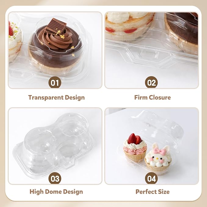 WIKDAY 2 Count Cupcake Containers with Lids, 25 Pack Stackable cupcake holders Clear Plastic Dessert Boxes for 50 Cupcakes, Muffins