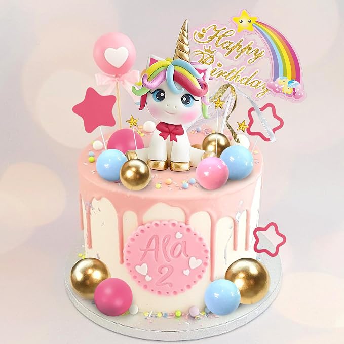29 PCS Unicorn Cake Topper, Unicorn Rainbow Cake Decorations with Rainbow Stars Unicorn Balls Happy Birthday Cake Decorations for Boys Girls Kids Birthday Party Baby Shower Supplies (Star)