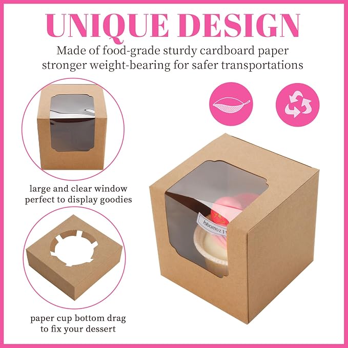 NPLUX 25 Pcs Cupcake Boxes Individual Cupcake Containers Pre-Assembled Single Cupcake Boxes 3.5"x3.5"x3.5" with 25 Pcs Inserts for Cupcakes Muffins Party Favors(Brown)
