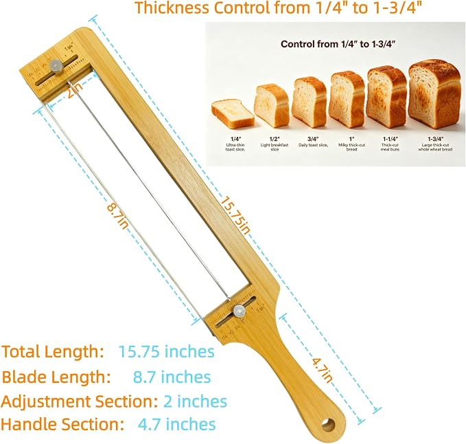 Adjustable Bread Knife for Homemade Bread - Sourdough Bread Slicer | with 1/2-inch and 1-inch Thickness Guides for Sourdough Baguettes Sandwiches