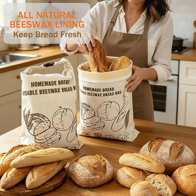 KINGYEENUO 2 Pack Beeswax Bread Bags for Sourdough, Reusable Large Cotton Linen Storage Bags with Zipper, Plastic-Free Food Preservation Wraps for Artisan Loaves, Baguettes & Freshness | Cotton Linen Storage Bags with Zipper, Plastic-Free Food Preserva...