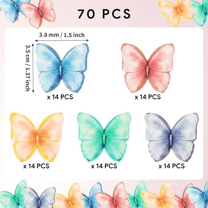 70Pcs Edible Butterfly Cupcake Toppers, Wafer Paper Butterfly Cake Toppers Edible Butterflies for Cake Decorating Wedding Birthday Party Baby Shower Cookies