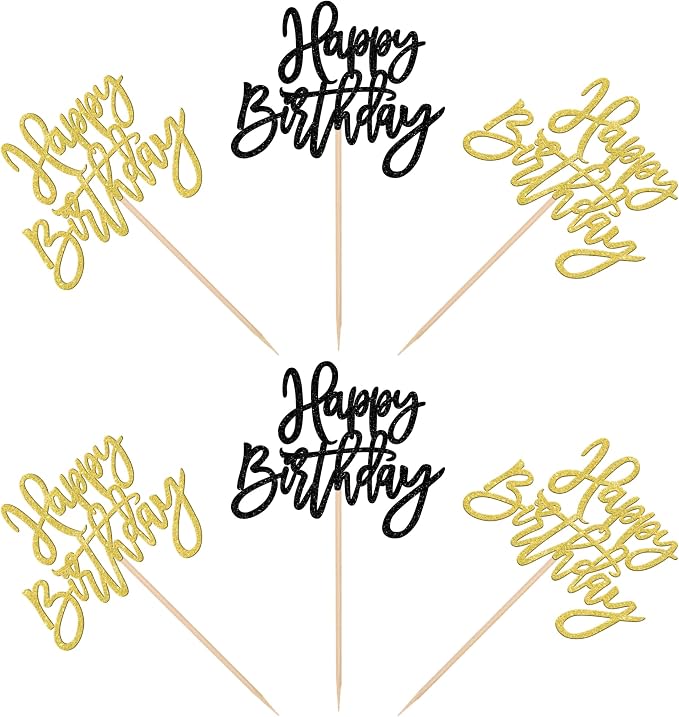 24 PCS Happy Birthday Cupcake Toppers Glitter Happy Birthday Cupcake Picks for Celebrating Anniversary Theme Party Cake Decorations Supplies Black Gold