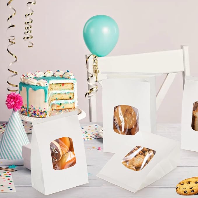 Okllen 100Pcs Bakery Bags with Window, 6x3x9 Inches White Tin Tie Tab Lock Kraft Paper Bags for Cookies, Coffee Beans