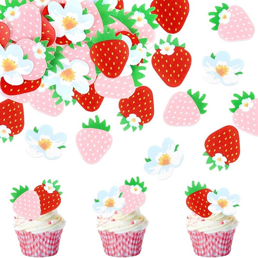 40Pcs Edible Pink Strawberry Cupcake Toppers Red Starwberry Flowers Cupcake Picks Strawberries Drink Toppers for Baby Shower Boys Girls Birthday Cake Decors Sweet Fruit Party Decorations