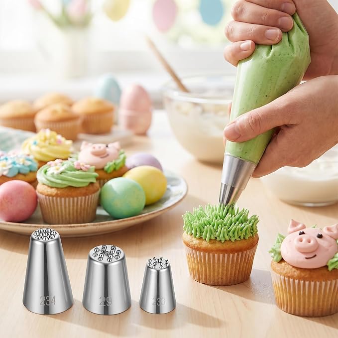 3 Pcs Grass Piping Tip for Cake Decorating Stainless Steel Frosting Icing Tip Large Icing Nozzles Tips Decoration Tool with 10 Pcs Piping Bags for Cupcakes Cookie Cake DIY Baking Buttercream Pastry