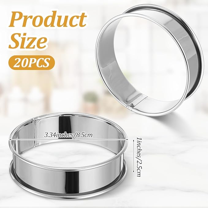 20 PCS Crumpet Rings English Muffin Rings Stainless Steel Round Cookie Cutter Double Rolled Muffin Tart Ring Mold Nonstick Cooking Pastry Molds for Home Baking