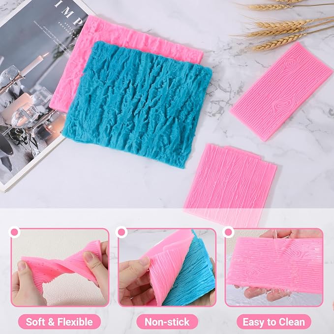 Beasea Silicone Molds for Cakes Decorating, 5pcs Woodgrain Silicone Lace Fondant Mold Fondant Texture Mat Sheet for Sugar Lace Mats Wood Texture Mat Embossed Craft Tools