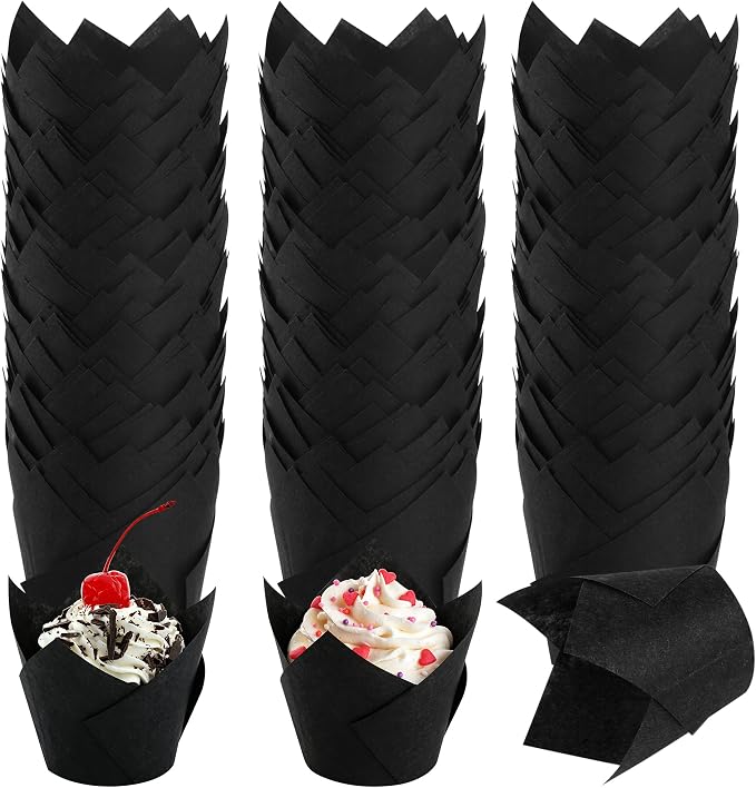 Ruisita 150 Pcs Mini Cupcake Liners Muffin Liners Baking Cups | Tulip Cupcake Liner for Baking Wedding, Birthday, Baby Shower Parties, Black
