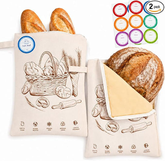 Beeswax Bread Bags For Sourdough, 2 Pack 17x13" XL Reusable Wide-Opening Bread Bag For Homemade Bread, Loaf Guard Bread Bags Cotton Bread Storage Bags With Handles And Date Labels
