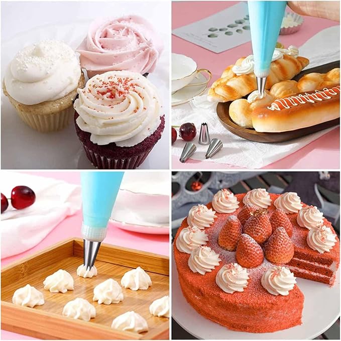 Piping Bags and Tips Set, Reusable Cake Decorating Kit with 24 Stainless Steel Icing Tips,2 Reusable Silicone Piping Bags,2 Couplers,3 Scrapers, Bag Ties & Brush for Baking, Cookie Icing and Cupcakes