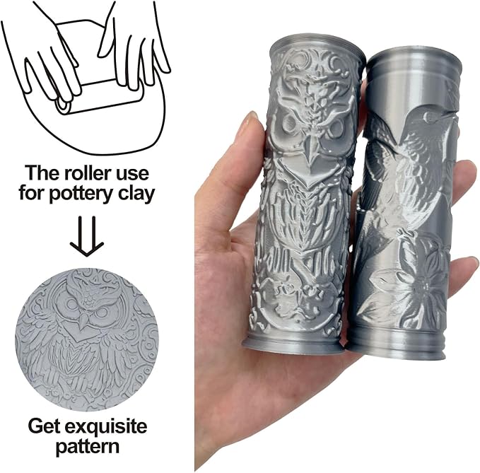 Pottery Clay Animal Texture Roller,Polymer Molding Art Hand Rollers Tools,Embossing Pattern Rolling Pins for DIY Crafts Making,4.1 Inches,Hummingbird and Owl,2 Piece