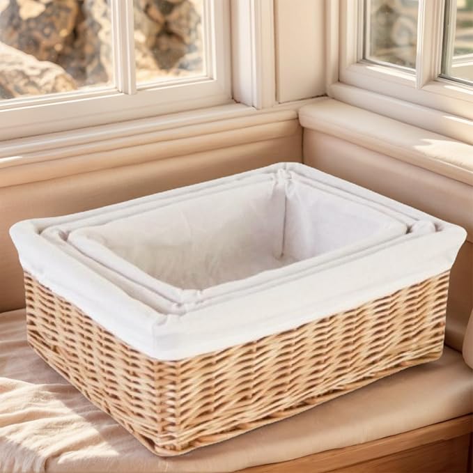Handwoven Rattan Storage Basket with Removable Fabric Liner Desktop Organizers for Home Organization and Decoration Natural Fiber Closet Organizers Basket