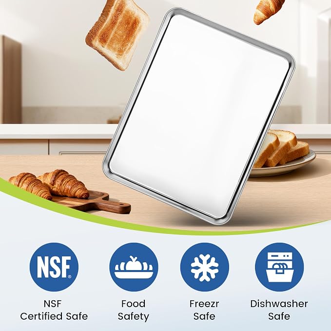 BIEAMA 12 Pack Stainless Steel Toaster Oven Baking Sheets, 16 x 12 in | Stainless steel pans with no chemical coating, mirror-polished finish and rolled edges; dishwasher safe, oven safe to 500°F.