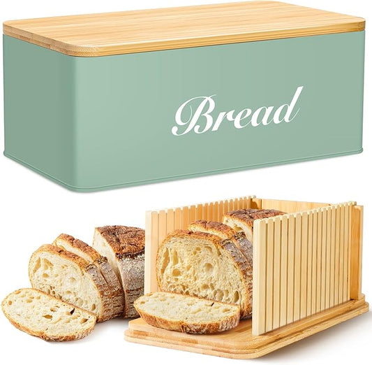 RYTOXILO Bread Slicer with Bread Box, Green Bread Storage Container for Kitchen Countertop with Multifunction Bamboo Lid, 3 in 1 Breadbox for Loaf Slicing & Tray, Bread Holder for Kitchen Counter