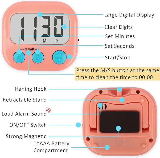 12 Pack Digital Kitchen Timers for Cooking Magnetic Timer for Cooking Loud Alarm Pink