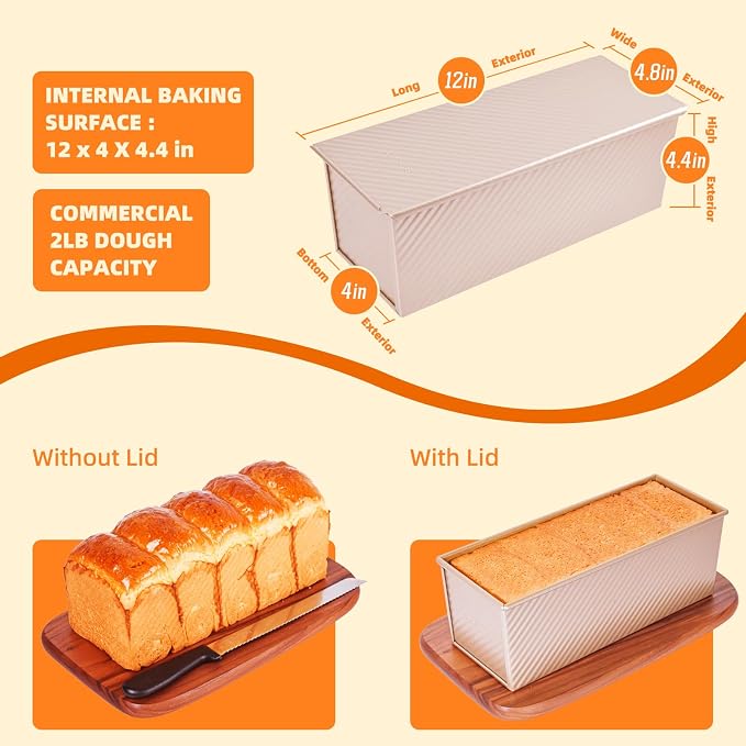 SUNCITY Pullman Loaf Pan with Lid, 2.2 lb Capacity Nonstick Baking Pan for Bread,Gold Aluminized Steel Rectangle Pullman Loaf Pan for Sandwich Bread Baking
