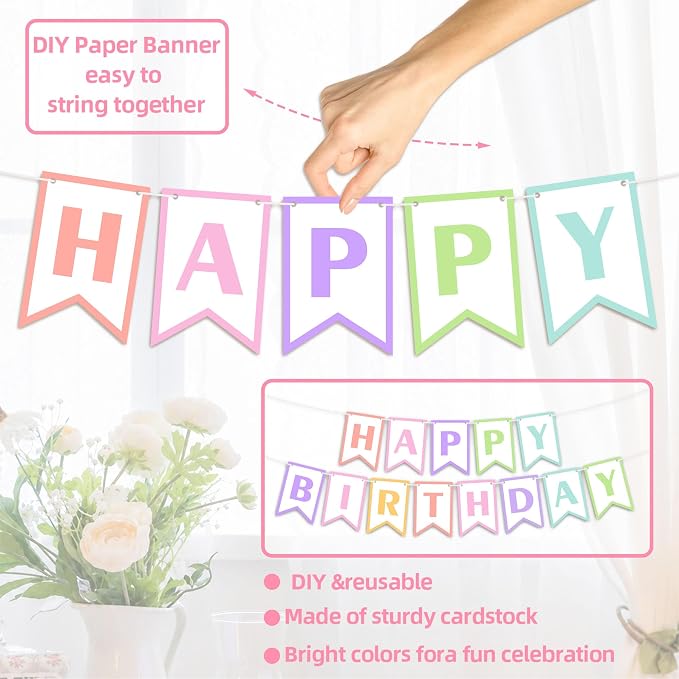 Happy Birthday Banner 8ft Pastel Macaron Party Decorations, Easy Assembly Birthday Sign Garland Kit for Women Girls Kids, Hanging Bunting Banner for Wall Door Celebration Decor