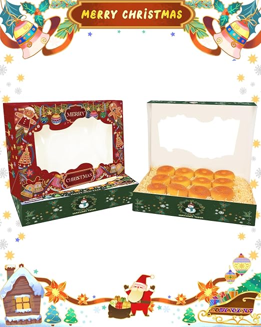 qiqee Christmas 14x10x2.5 inch Auto-pop Up 12Pcs Cookie Box with Window Retro Christmas Pastry Macaron Bakery Box for Christmas