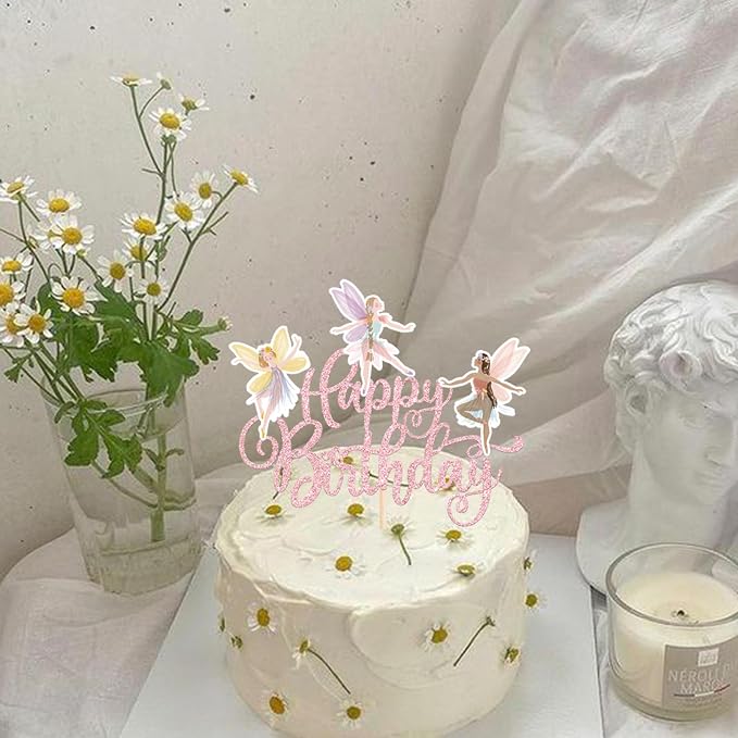Rsstarxi 1 Pack Fairy Happy Birthday Cake Topper Glitter Garden Floral Fairies Cake Pick for Fairy Theme Happy Birthday Baby Shower Party Cake Decorations Supplies Pink