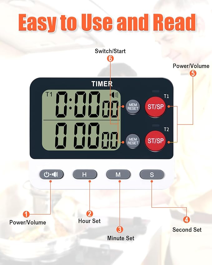 TPNEG Dual Kitchen Timer Digital - Large Display, Easy to Use and Read, Cooking Timer for Kitchen with Alarm, Magnetic Back, Loud & Silent and Count Up/Countdown Modes, Replaceable AAA Battery
