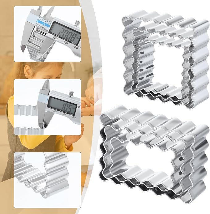 6Pcs Rectangle Cookie Cutter Set with Scalloped Edge Biscuit Cracker Cutters For Baking Fluted Plaque Frame Rectangluar Shapes Fondant Molds Geometric Square Wavy Pastry Molds Assorted Sizes