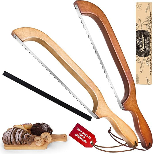 Woodever Bread Knife, 2 Pack Bread Slicer for Homemade Bread, 16'' Wooden Sourdough Bread Knife with Bow Design, Premium Stainless Steel Serrated Bread Cutter for Bagels and Baguettes (2 Pack)