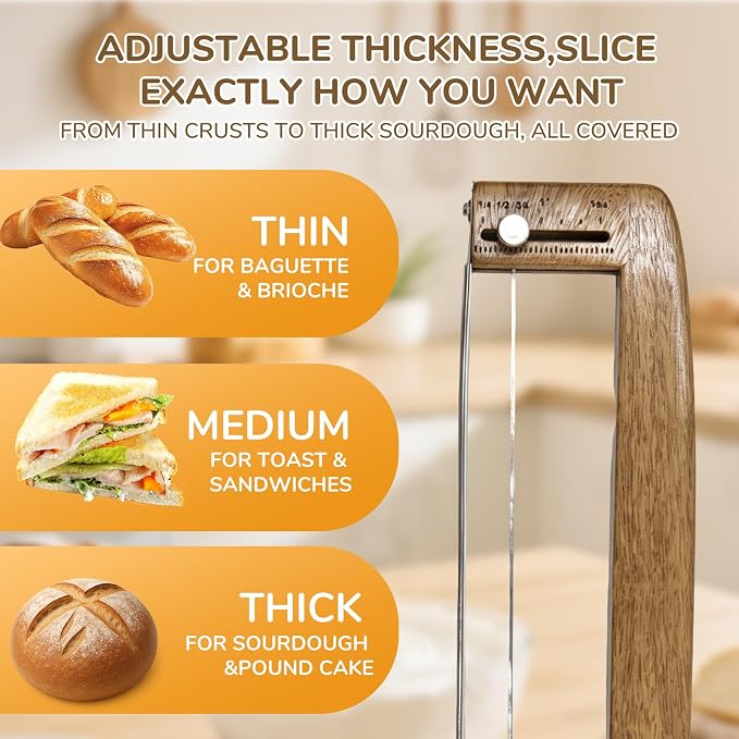 Adjustable Bread Slicer, Wooden Bread Knife for Homemade Sourdough, Ambidextrous Sharp Serrated Stainless Steel Blade, Thickness Guide for Baguettes, Bagels & Sourdough, Ideal Gift for Bakers
