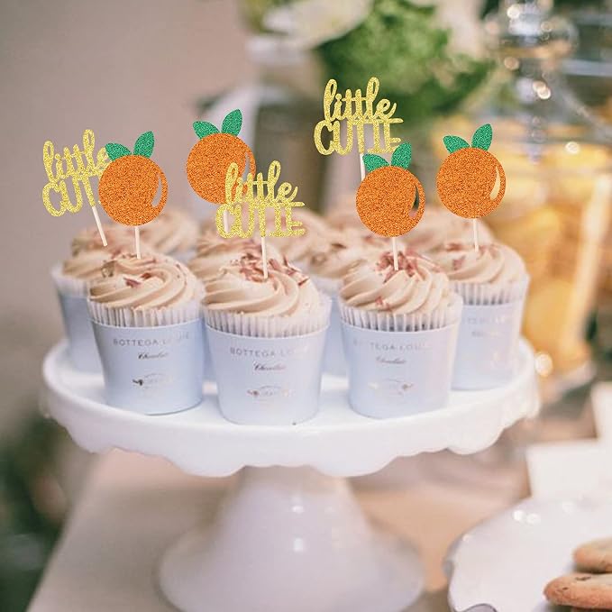 24 PCS Little Cutie Cupcake Toppers Glitter Orange Cupcake Picks for Citrus Theme Baby Shower Kids Birthday Party Cake Decorations Supplies
