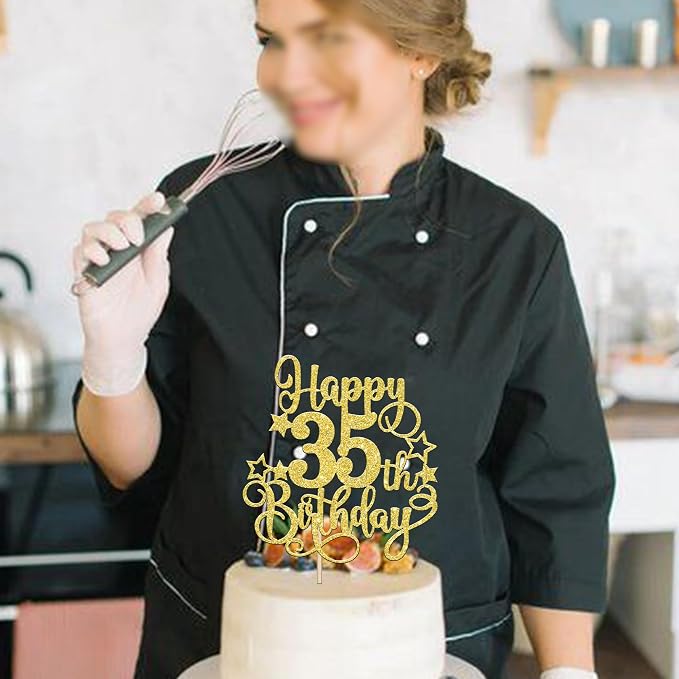 1 PCS Happy 35th Birthday Cake Topper Glitter Cheers to 35 Years Birthday Cake Pick Hello 35 Fabulous Cake Decoration for Happy 35th Birthday Anniversary Party Decorations Supplies Gold