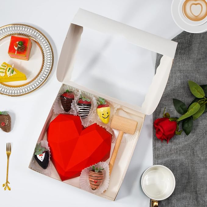 TEMLQPACK 6pcs 10x10x2.5 Inches White Bakery Boxes with Window, Pie, Cookies, Chocolate Covered Strawberries, Breakable Heart, Charcuterie Boxes for Christmas