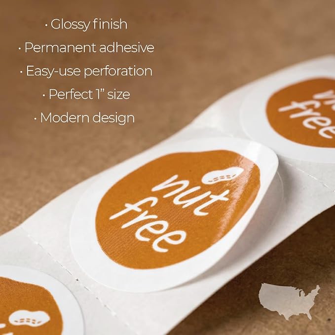 Nut Free Stickers / 500 Circle Labels/Small 1" Round Food Seals/Modern Peanut Allergy Design/Made in The USA