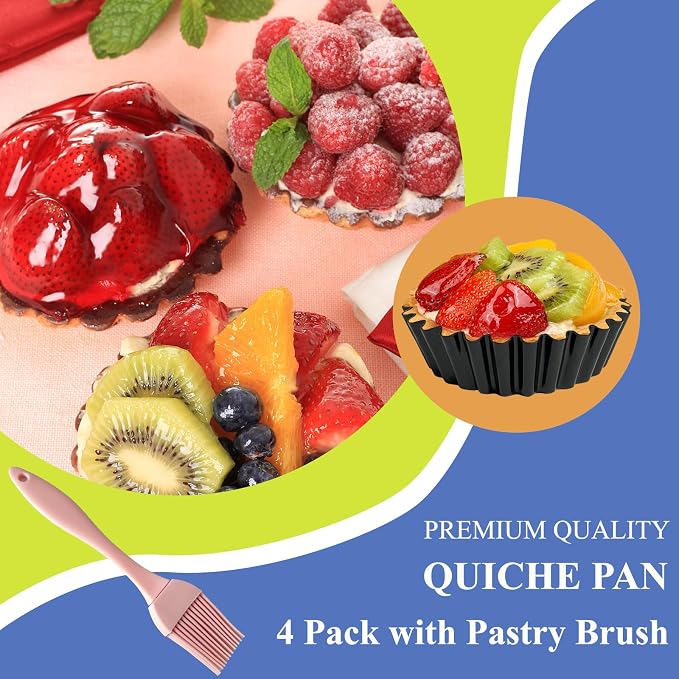 4 Pack Deep Tart Pans with Removable Bottom, 4-Inch Nonstick Quiche Pan with Silicone Basting Pastry Brush for Baking Treats, Pie, Quiches, Tartlets