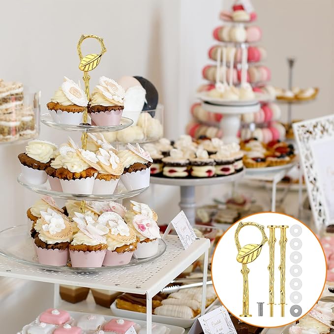 Patelai 6 Sets 3 Tier Cake Stand Hardware Tiered Tray Plate Hardware Kit Heavy Metal Cake Fruit Food Plate Stand Fitting Stacking Kit for Serving Dessert Cupcake Dish (Leaf,Gold)