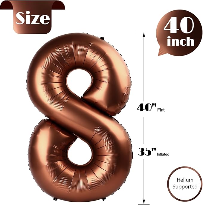 Dark Brown 8 Balloon, Coffee Brown Number Balloons 40 Inch, 8th Chocolate Birthday Decorations for Boys Girls Birthday Balloons Party Supplies, Number 8 Balloon